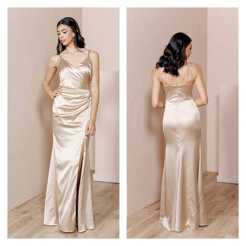 REVELRY Rory Satin Bridesmaid Dress, Gold Champagne, Size 6